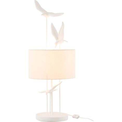 Lampe oiseaux en polyresine blanche et abat jour beige élégant - Blanc mat et beige naturel