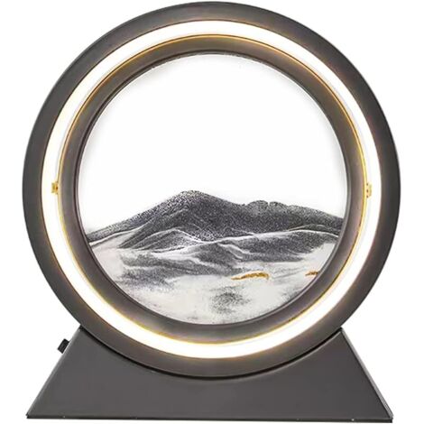 Lampe Peinture Sable Qui Coule, Cadre Sable Mouvant Dynamique, Art de Sable en Mouvement en Verre Rond, Sablier 3D Rotation à 360°, 3 Modes d'éclairage, Batteries ou USB pour Cadeaux Décoration