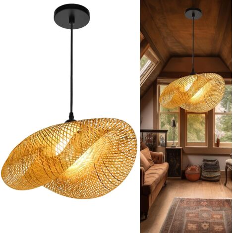 Lampe Pendante Lanterne en Bambou, Style Japonais Eétro E27 Luminaire Suspendu Plafonnier pour Salon Chambre Restaurant Café Salon de thé Bar Salle à Manger Club,50CM
