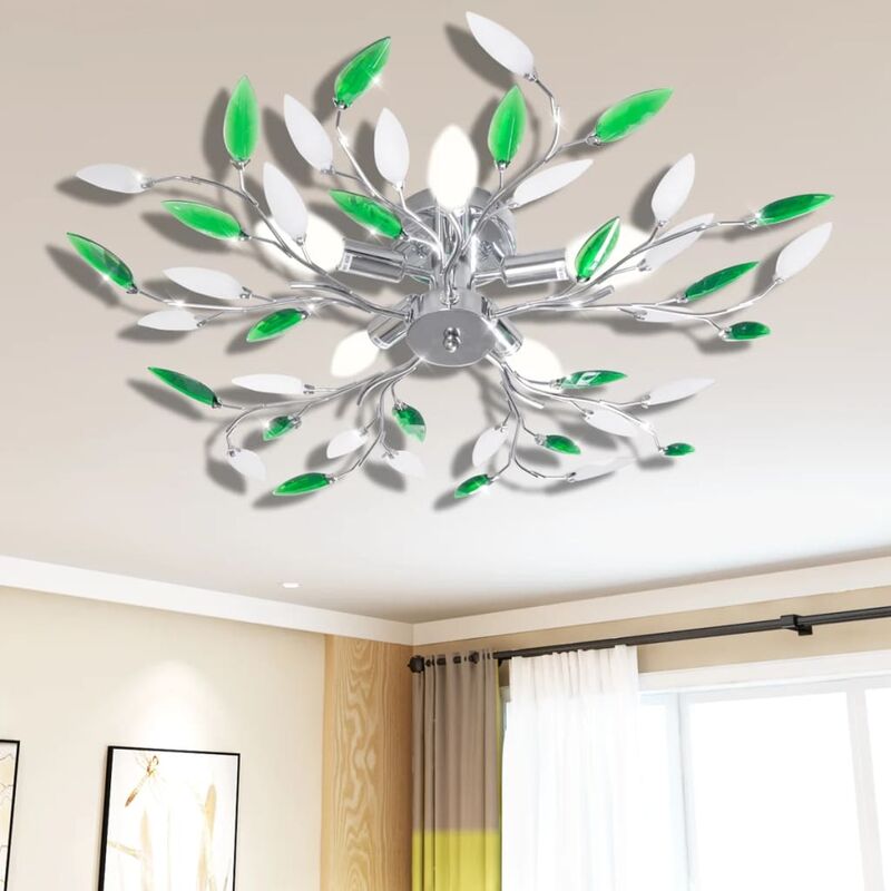 Lampe plafond verte et blanche avec bras crystal pour 5 Ampoules E14 - Multicolore