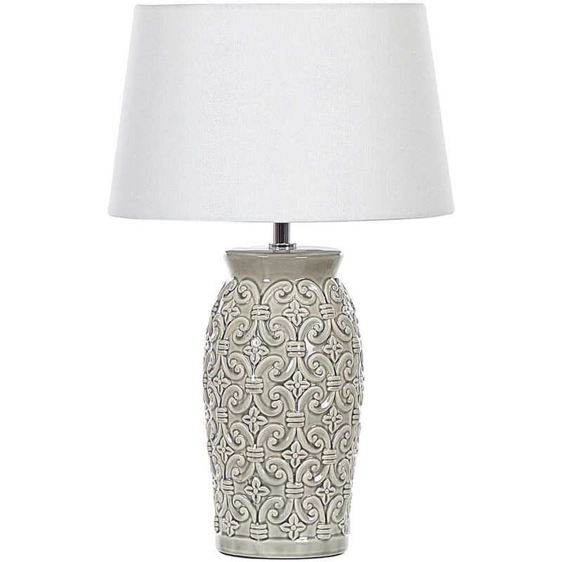 Beliani - Lampe de Chevet en Céramique avec Abat-jour Empire Blanc Motif Géométrique Gris Khoper