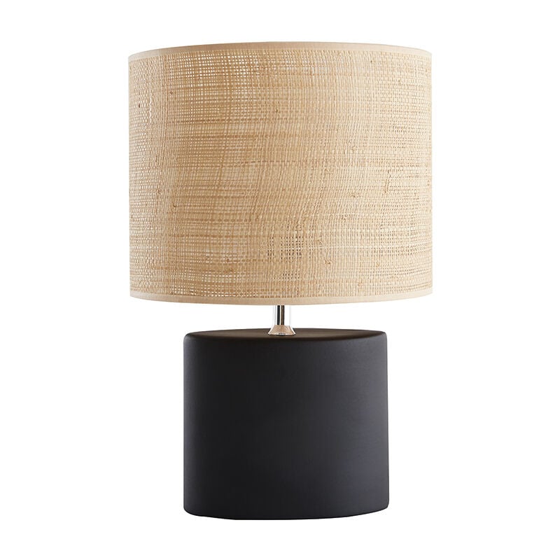 Miliboo - Lampe à poser en céramique noire mat et abat-jour en raphia naturel H40 cm tiga