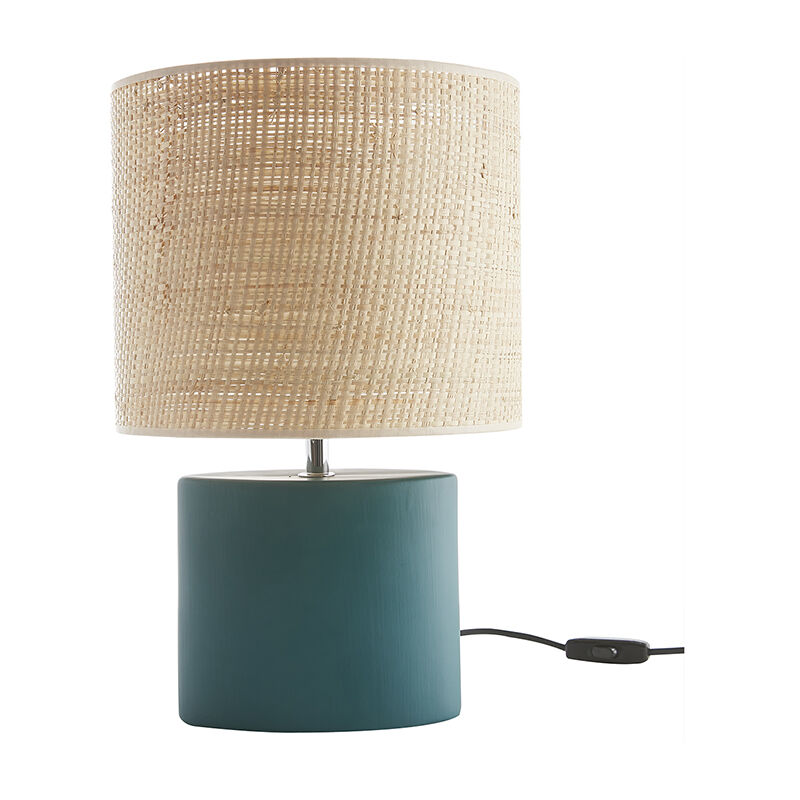 Miliboo - Lampe à poser en céramique bleu pétrole mat et abat-jour en raphia naturel H40 cm tiga