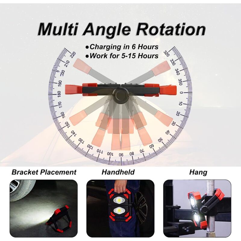Lampe Pour Chantier LED Rechargeable Projecteur - 2 COB 2000 lm Lampe de Travail rotative à 360°, Portable Dimmable Spot Lumière Pour Atelier Garage