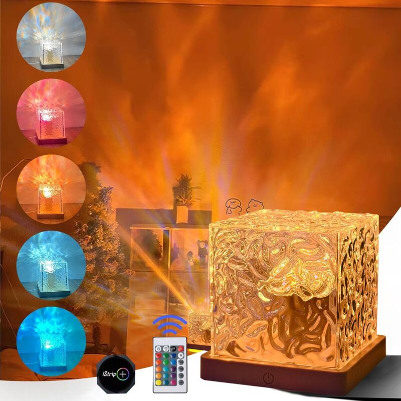 Lampe projecteur de avec 16 couleurs rotatives dynamiques effets de vagues de l'océan et base en bois télécommande romantique