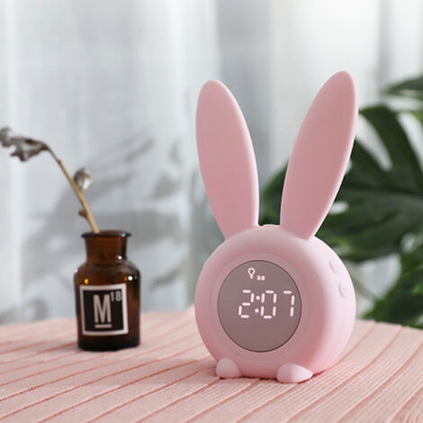 Lampe Réveil Enfant Lapin Mignon Réveil, Lampe de Chevet Veilleuse LED Reveil Matin Horloge Numérique Activation Sonore , 2 Alarmes,fonction Snooze, 6 sons forts, veilleuse Minutée,Rose