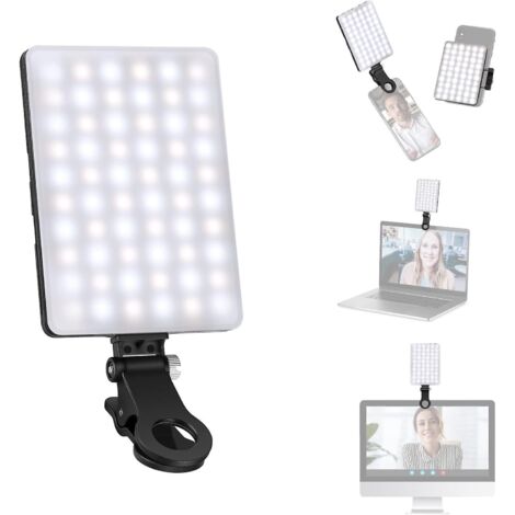 Lampe selfie LED portable à clipser pour téléphone portable avec 60 LED haute puissance, batterie rechargeable 2000 mAh, IRC 95+ et 3 modes d'éclairage