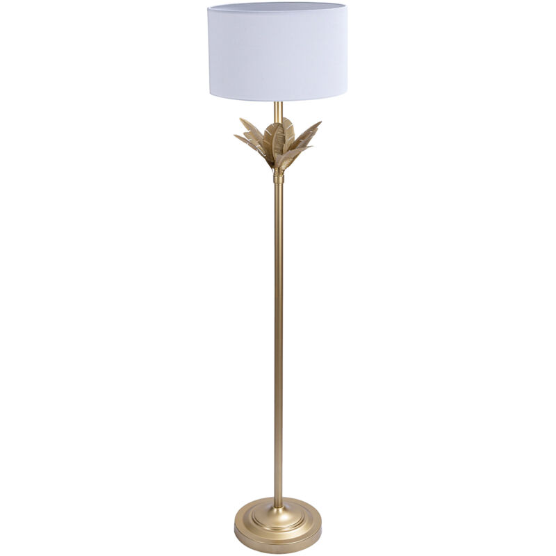 Relaxdays Lampe sur pied, piètement feuilles de palmier, abat-jour en tissu, douille E27, salon, chambre, blanc/doré