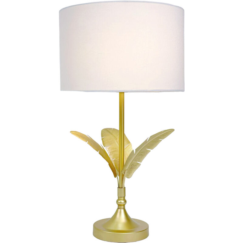 Lampe de table Relaxdays, socle à feuilles de palmier, abat-jour en tissu, douille E14, salon, chambre, blanc/doré