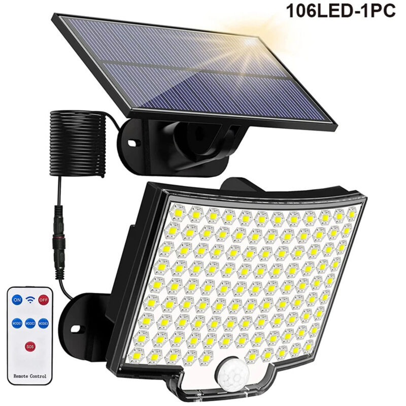 Lampe solaire 106 LED avec détecteur de mouvement extérieur, télécommande 3000LM, projecteur solaire extérieur 4 modes, projecteur solaire LED IP65