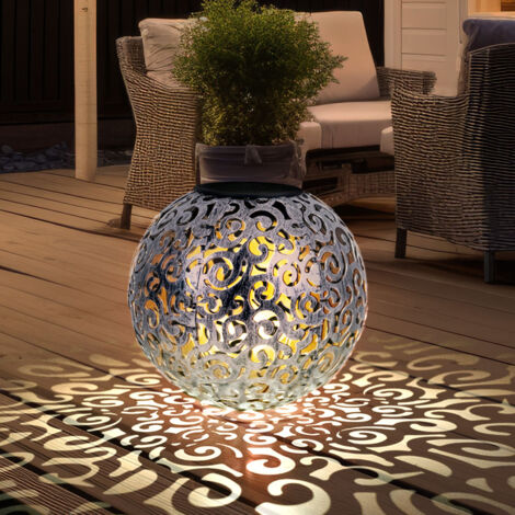 Lampe solaire à LED Décoration de jardin Lampe d'extérieur Lampe de terrasse argentée antique Lampe sphérique avec piquet de terre, découpes décoratives, métal, blanc chaud, DxH 28,5 x 40 cm