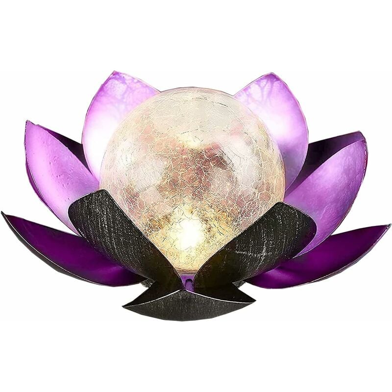 Gotrays - Lampe solaire à led en forme de lotus en verre craquelé - Décoration de jardin - Lanterne en métal - Lampe de table d'extérieur (violet)