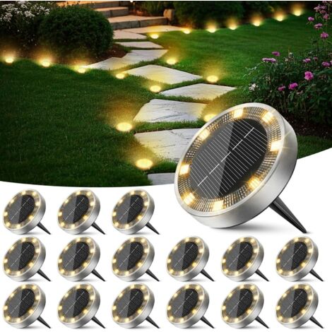 Lampe Solaire Au Sol Jardin Lot de 16, Lumiere Solaire Exterieur 8 LED, Étanche Spot Solaire Extérieur, Eclairage Solar pour Terrasse Allée Chemins Pelouse Cour Outdoor Garden, Blanc Chaud