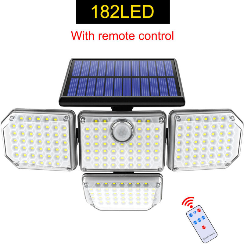 Lampe solaire avec 4 tetes reglable 182 led Induction du corps humain IP65 etanche 3 modes de fonctionnement avec telecommande