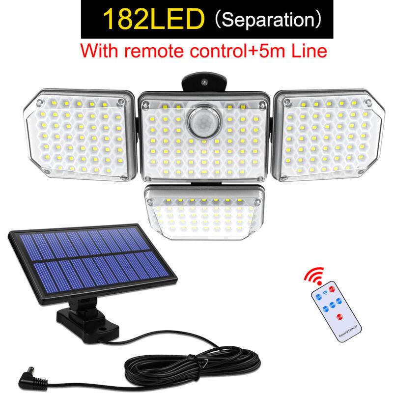 Start - Lampe solaire avec 4 tetes reglable 182 led Separable Induction du corps humain IP65 etanche 3 modes de fonctionnement avec telecommande