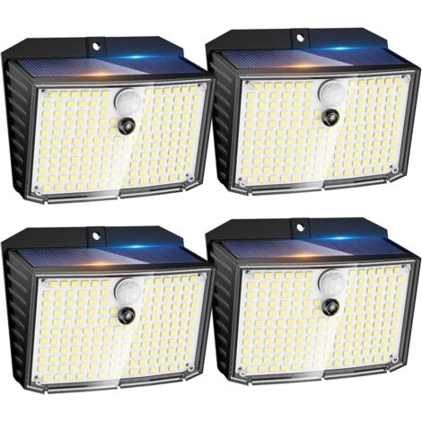 Lampe solaire avec détecteur de mouvement, 4 lampes solaires 158 LED blanc froid 3 modes avec détecteurs de mouvement, lumière murale solaire étanche IP65 pour jardin, garage, marches, terrasse
