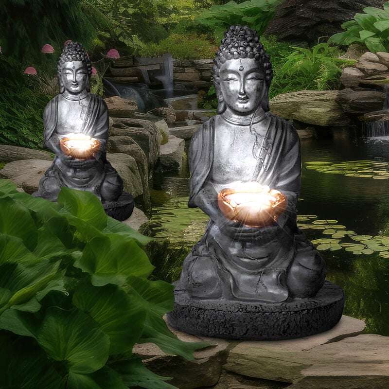 Globo - Lampe solaire Bouddha décoration de jardin Feng Shui Lampe solaire Bouddha, gris, 1x 0,06 watt, DxH 18x28 cm, lot de 2