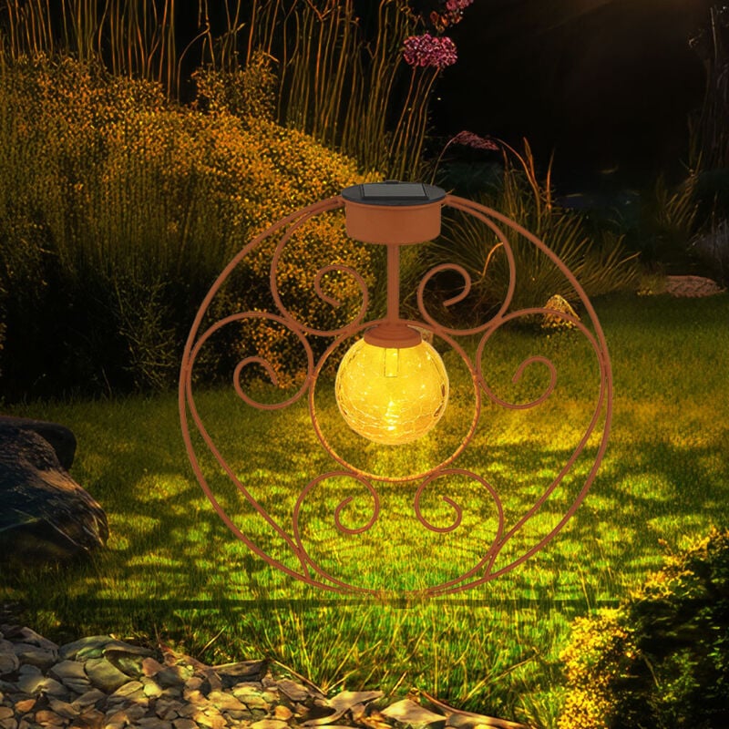 Lampe solaire boule de verre orientale couleur rouille lampe de jardin décorative piquet lumière solaire en métal pour l'extérieur, métal verre, 1x