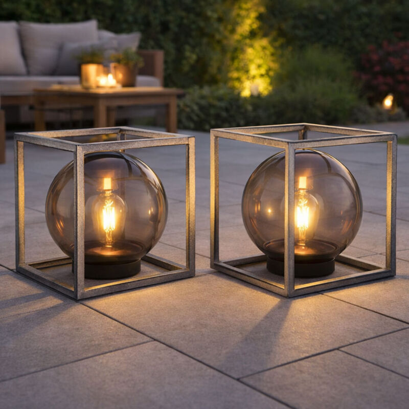 Lampe solaire boule lampe extérieure fumée lampe de jardin lampe solaire, cube, nickel antique, led blanc chaud, LxlxH 30x30x30 cm, lot de 2