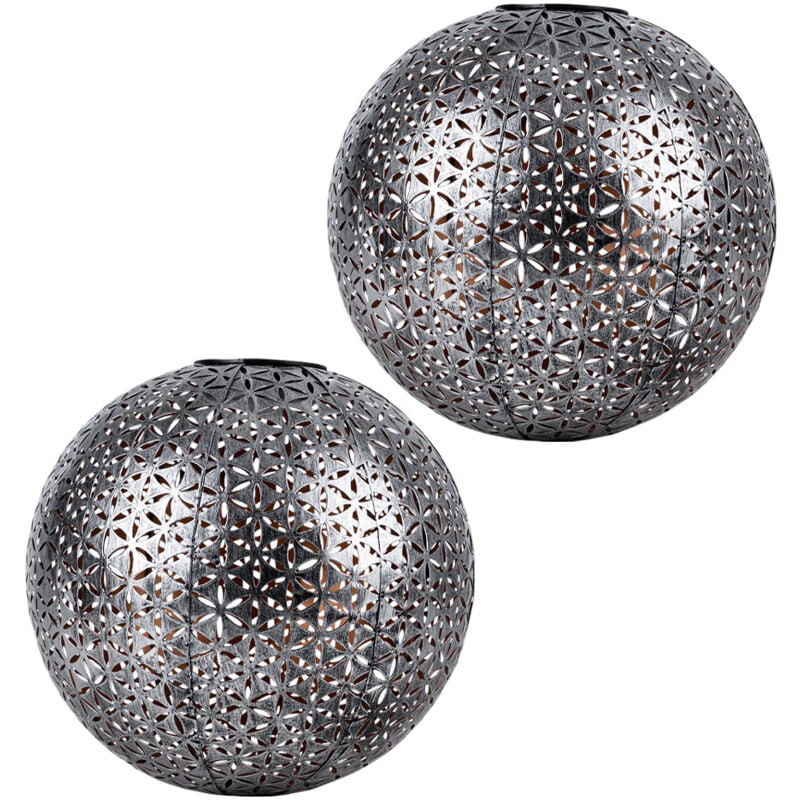 Globo - Lampe solaire boule lumineuse enfichable jardin terrasse piquet oriental, métal gris argenté, batterie, 1x led blanc chaud, DxH 27x38 cm, lot