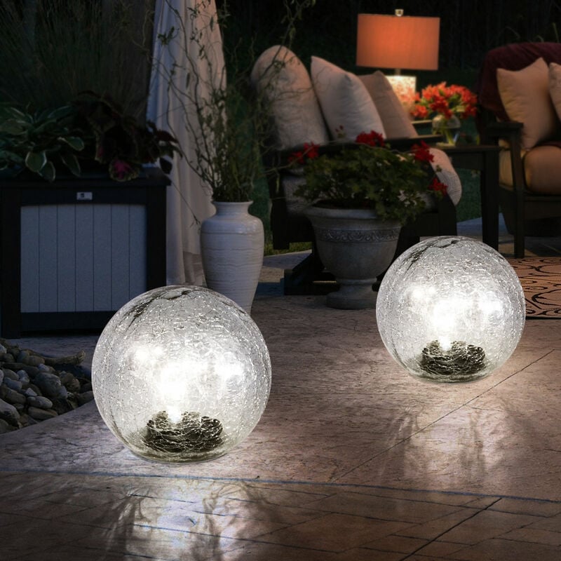 Lampe solaire boule lumineuse lampe de jardin, guirlande lumineuse, lumière extérieure, verre craquelé, 10x led, DxH 15x15 cm, lot de 2