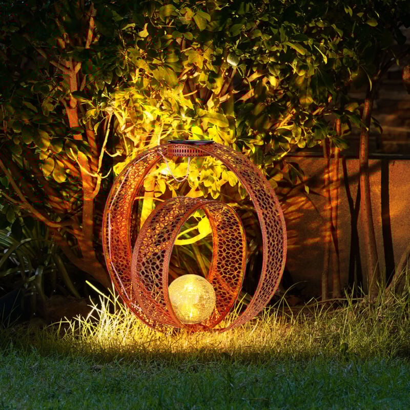 Lampe solaire boule orientale lampe décorative de jardin lampe solaire solaire en métal pour l'extérieur, verre craquelé, aspect rouille, 1x led