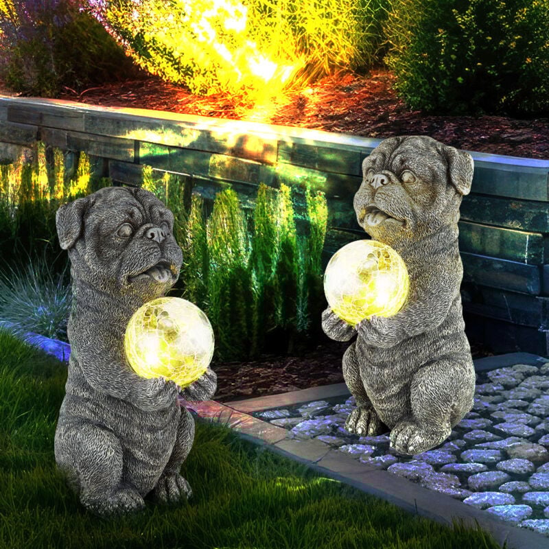 Lampe solaire chien Décoration de jardin figure animale grise Lampe solaire boule verre cassé chien, led blanc chaud, LxlxH 17,5x13x29 cm, lot de 2