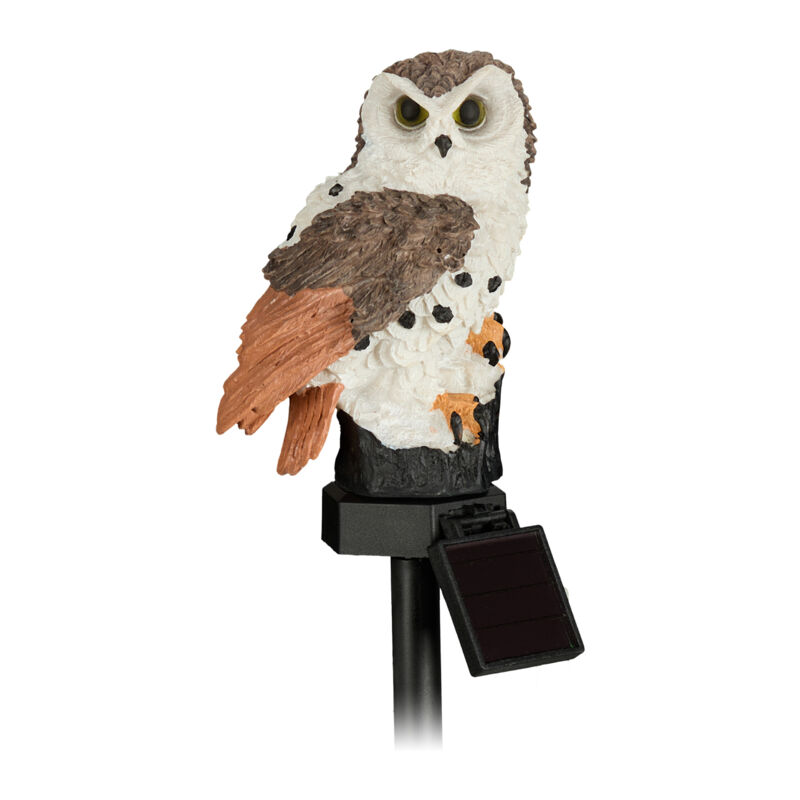 Lampe solaire, chouette led ave piquet, résistante aux intempéries, pour l'extérieur, blanc et gris - Relaxdays