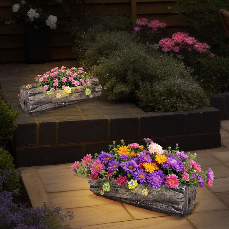 Lampe solaire de décoration pour jardinière et pot de fleurs pour la maison et le jardin à l'aspect tronc d'arbre, gris antique, 1x led blanc chaud,