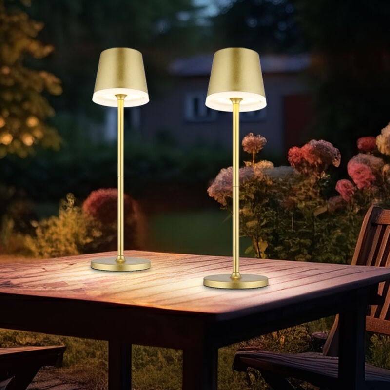 Lampe solaire de table Lampe d'extérieur Lampe d'appoint de jardin, métal doré, 2 hauteurs possibles, led 3000K blanc chaud, h 41 cm, lot de 2