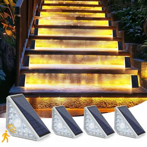 Lampe solaire d'escalier avec détecteur de mouvement – 3000K – Lot de 4 – Étanche IP65 – Éclairage automatique pour jardin, patio, garage