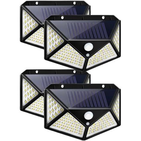 Lampe solaire d'extérieur 100 LED, éclairage de jardin, étanche, avec détecteur de mouvement, applique murale solaire, 3 modes de jardin (lot de 4) [Classe énergétique A+++]