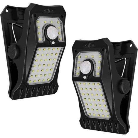 Lampe solaire d'extérieur 45 LED avec détecteur de mouvement et pince, 3 modes et 3 méthodes de montage, éclairage de sécurité étanche IP65 pour clôture grillagée, portail de camping (lot de 2)