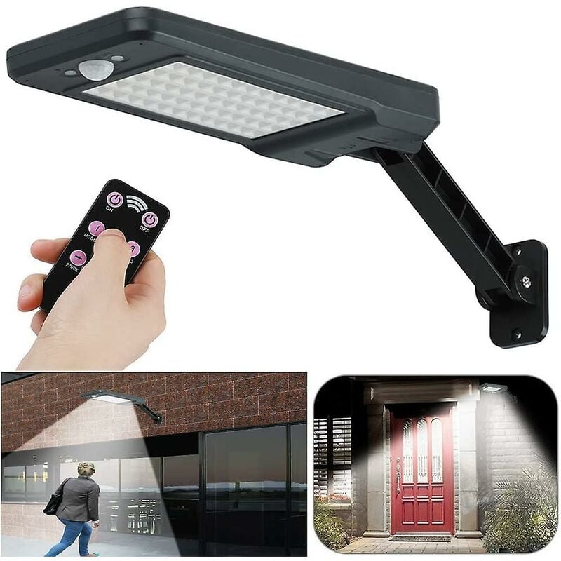 Lampe solaire d'exterieur 60 led 6w Ip65 Waterproof noir,support ajustable et telecommande,3 modes 180motion sensing light