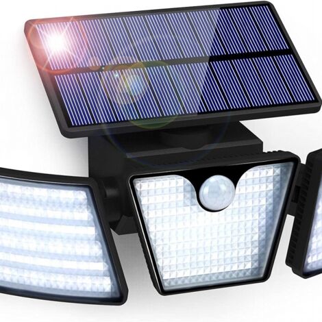 Lampe solaire d'extérieur avec détecteur de mouvement, 265 perles LED, étanche IP65, 3 têtes d'éclairage, rotation à 360°, étanche.