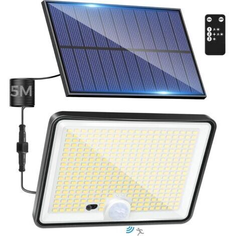 Lampe solaire d'extérieur avec détecteur de mouvement et télécommande, 342 LED, étanche IP65, 3 modes d'éclairage solaire pour jardin, garage, terrasse, blanc chaud