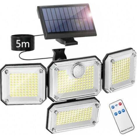 Lampe solaire d'extérieur avec détecteur de mouvement, projecteur LED de sécurité étanche IP65, 3 modes d'éclairage et 4 têtes d'éclairage réglables