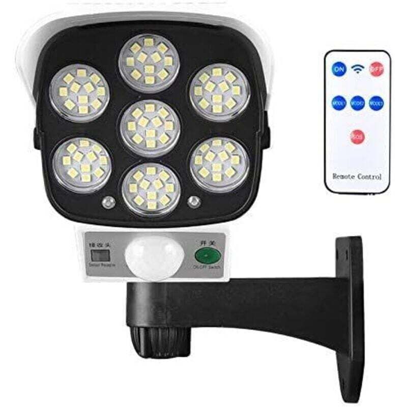 Lampe solaire d'extérieur avec détecteur de mouvement sans fil et caméra de sécurité factice IP66 étanche 77 LED lampe murale spot pour cour, jardin,