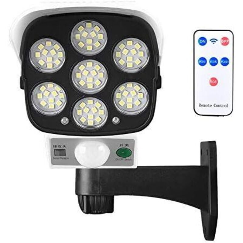 Lampe solaire d'extérieur avec détecteur de mouvement sans fil et caméra de sécurité factice IP66 étanche 77 LED lampe murale spot pour cour, jardin,