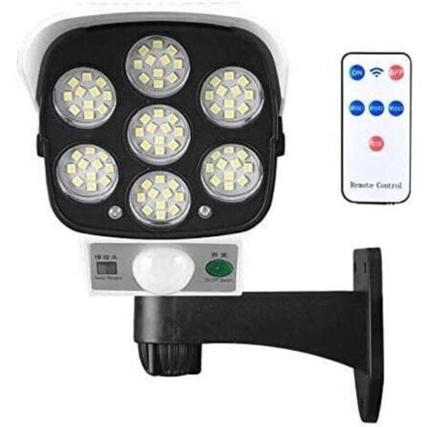 Lampe solaire d'extérieur avec détecteur de mouvement sans fil et caméra de sécurité factice IP66 étanche 77 LED lampe murale spot pour cour, jardin, terrasse, garage, allée..DEBUNS