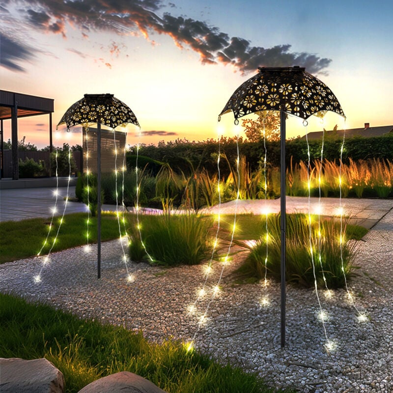 Lampe solaire d'extérieur avec piquet de terre Décoration de jardin Parapluie Lampe de terrasse, noir cuivré, 60x led blanc chaud, DxH 20,5 x 65 cm,