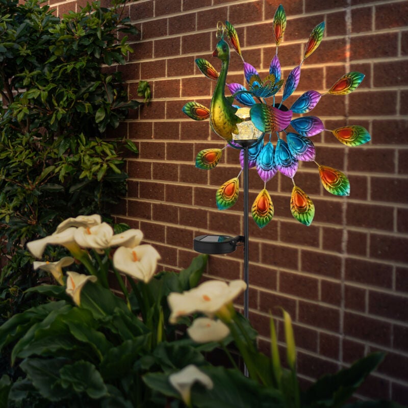 Fiche solaire de jardin Lampe solaire pour extérieur Décoration de jardin Design paon, métal plastique, led 3000K, LxlxH 38x25x120 cm
