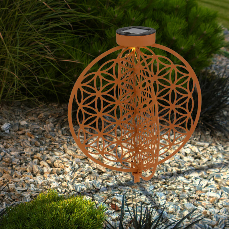 Lampe solaire d'extérieur avec led Flower of Life Lampe solaire design pour l'extérieur Lampe solaire disque rond piquet de sol, métal couleur