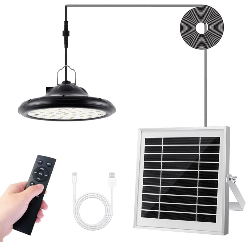 Lampe solaire d'intérieur pour l'extérieur, lampe solaire suspendue à 3 modes, panneau solaire ajustable, 4 niveaux de luminosité, avec télécommande,