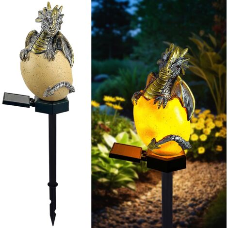 Lampe solaire dragon or et argent statue œuf lumineux, décoration médiévale extérieure, cadeau original pour jardin et femme