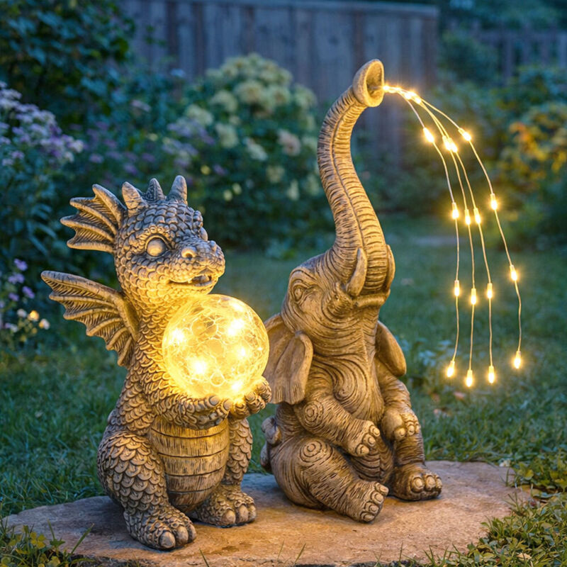 Lampe solaire dragon sphère verre cassé décoration de jardin figure animale aspect pierre lampe solaire éléphant, gris, LED blanc chaud, set de 2