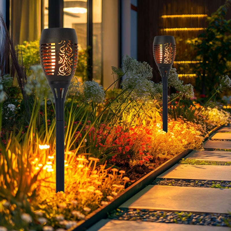 Expo Börse - Lampe solaire effet feu torche solaire effet flamme lampe de jardin torche noire, plastique, ampoule led orange, h 50 cm, lot de 2