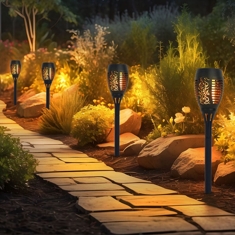 Lampe solaire effet feu torche solaire effet flamme lampe de jardin torche noire, plastique, ampoule led orange, h 50 cm, lot de 4
