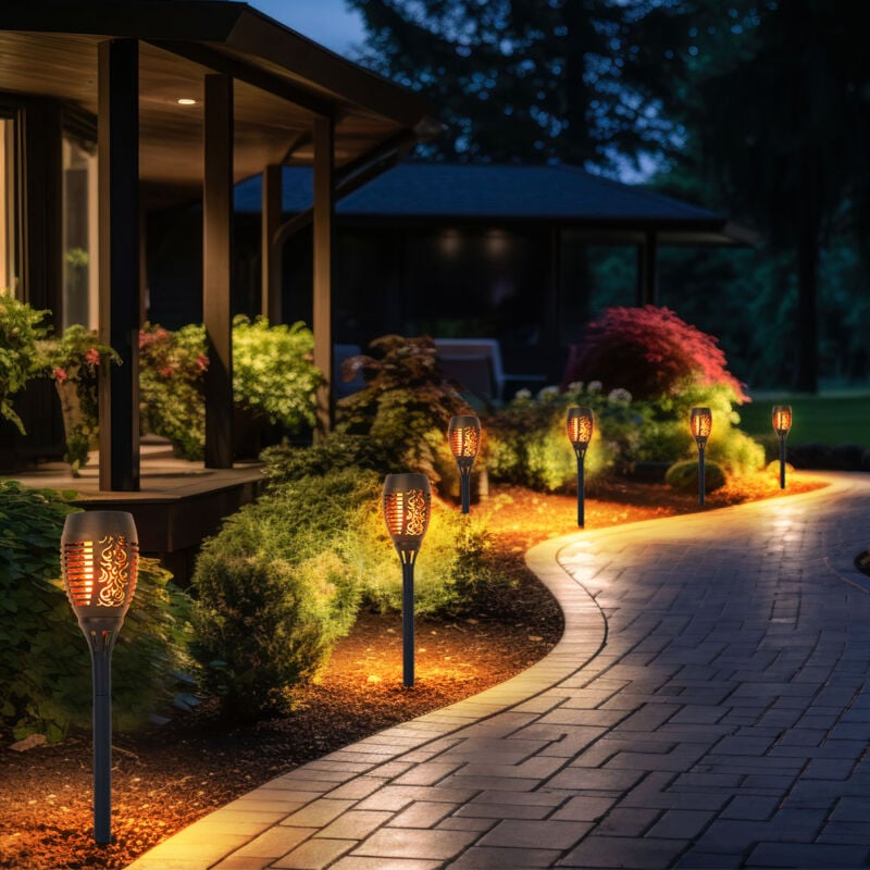 Lampe solaire effet feu torche solaire effet flamme lampe de jardin torche noire, plastique, ampoule led orange, h 50 cm, lot de 6