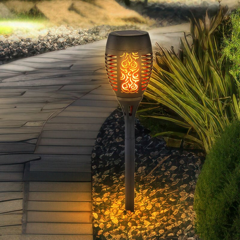 Lampe solaire enfichable à effet de feu, lampe solaire d'extérieur noire, piquet de terre solaire, perforations décoratives, led blanc chaud, DxH